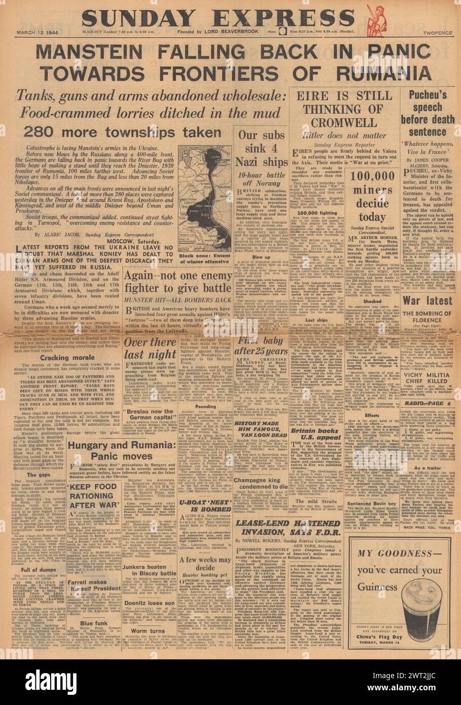 1944 Sunday Express front page reporting Miners strike in Wales, von Manstein retreats to Romanian border, Eamon de Valera rejects calls to expel German and Japanese diplomats from Dublin and Pierre Pucheu trial Stock Photo