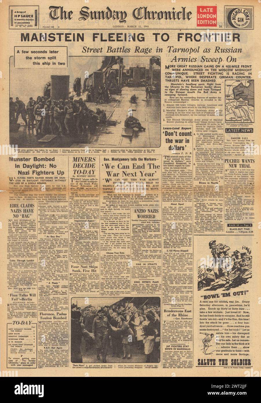 1944 The Sunday Chronicle front page reporting Miners strike in Wales, von Manstein retreats to Romanian border, Allied aircraft bomb Munster and Pierre Pucheu trial Stock Photo