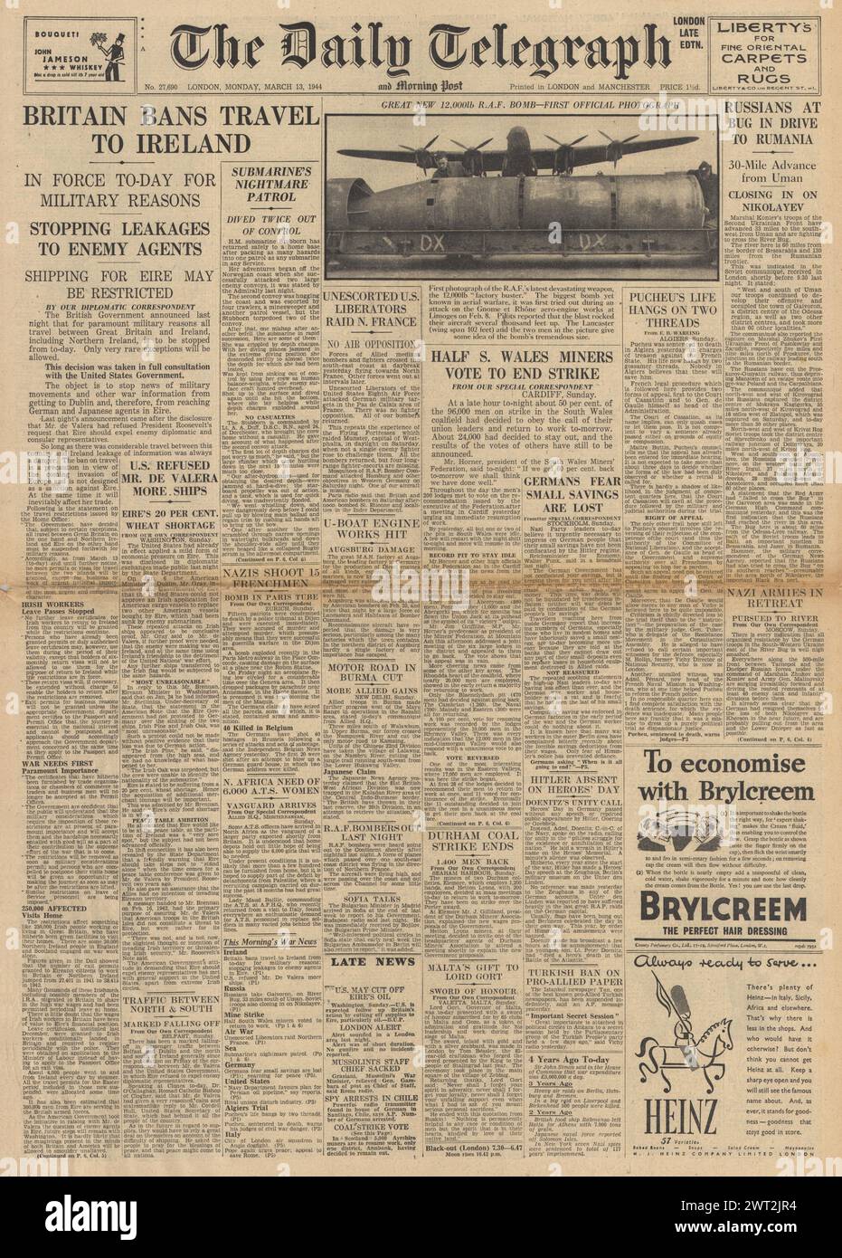 1944 The Daily Telegraph front page reporting Miners strike in Wales, Travel to Ireland banned, new 12000lb bomb for RAF and Red Army reach River Bug Stock Photo