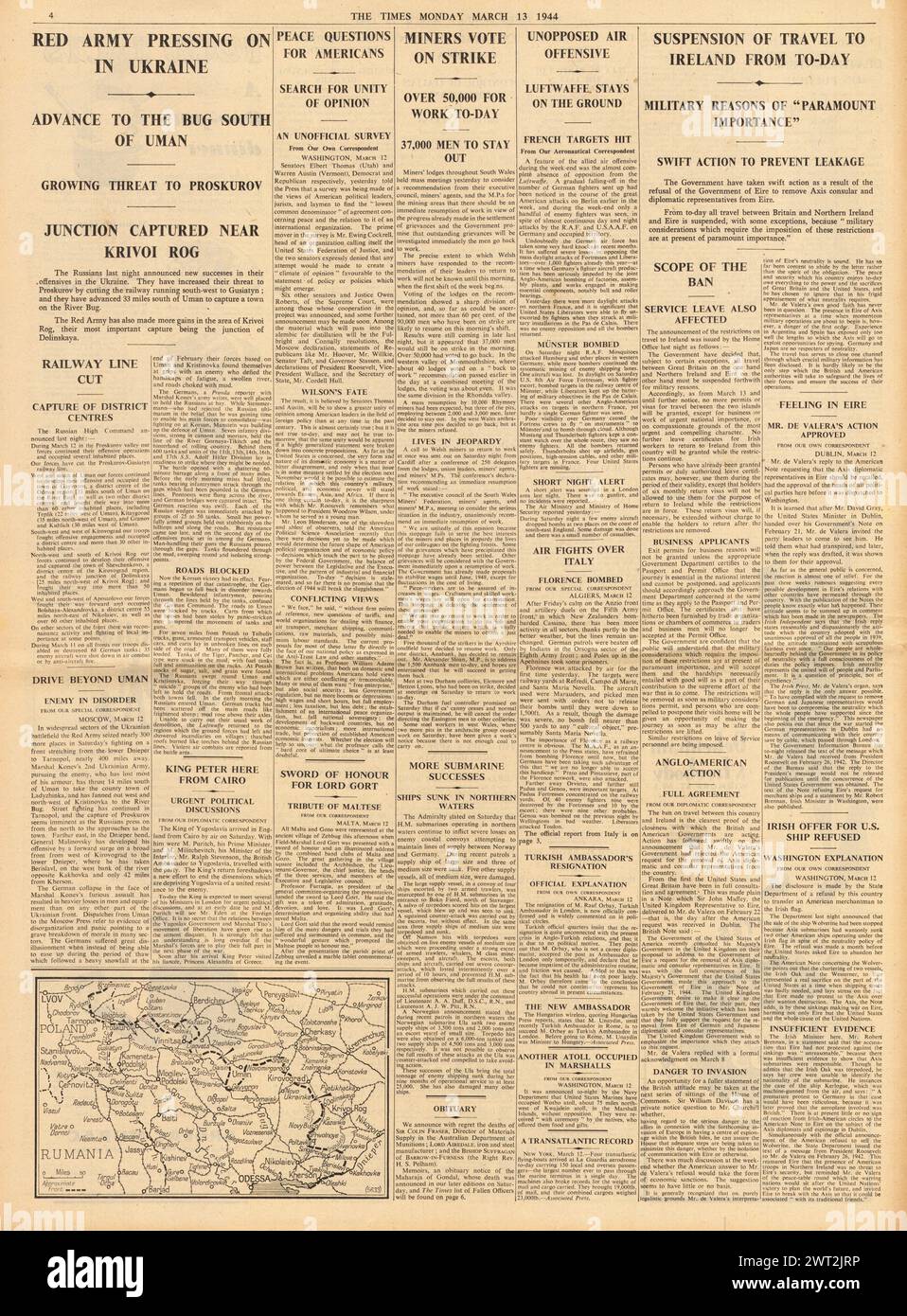 1944 The Times reporting Miners strike in Wales, Travel to Ireland banned and Red Army reach River Bug Stock Photo
