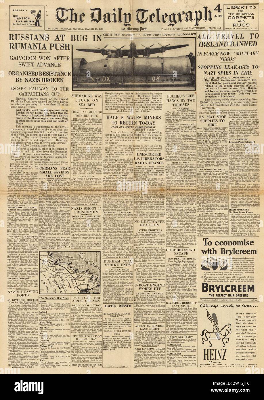 1944 The Daily Telegraph front page reporting Miners strike in Wales, Travel to Ireland banned, new 12000lb bomb for RAF and Red Army reach River Bug Stock Photo