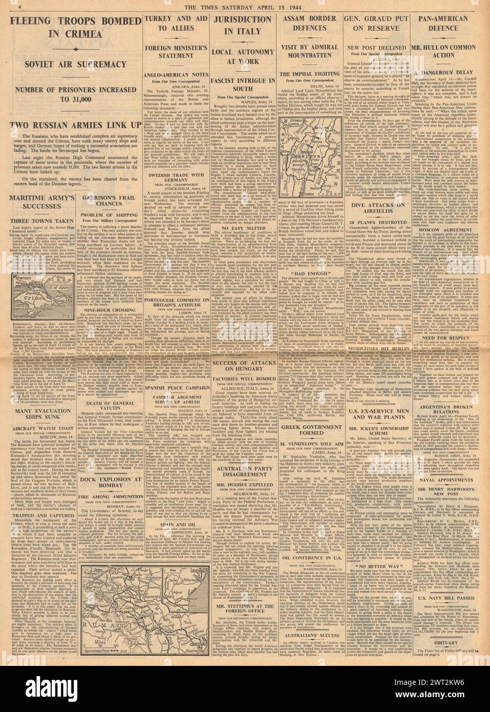 1944 The Times reporting Battle for Crimea, Heavy fighting at Imphal, Death of General Vatutin and Explosion in Bombay aboard SS Fort Stikine Stock Photo