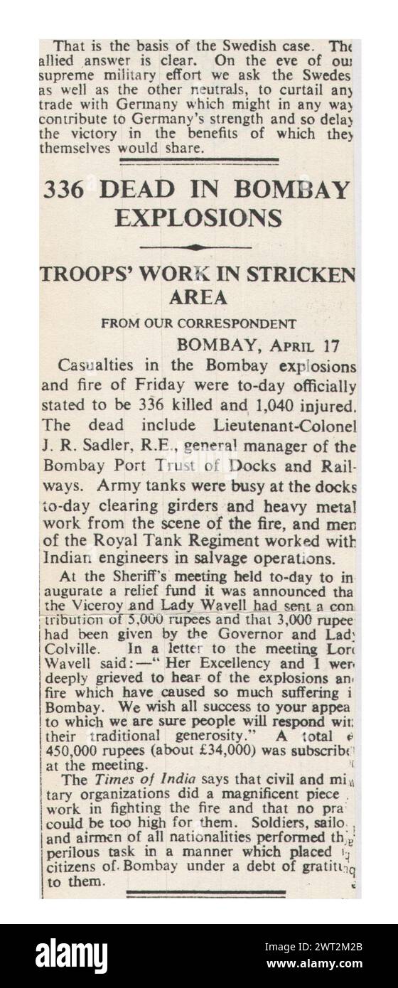 1944 The Times reporting Explosion in Bombay aboard SS Fort Stikine Stock Photo