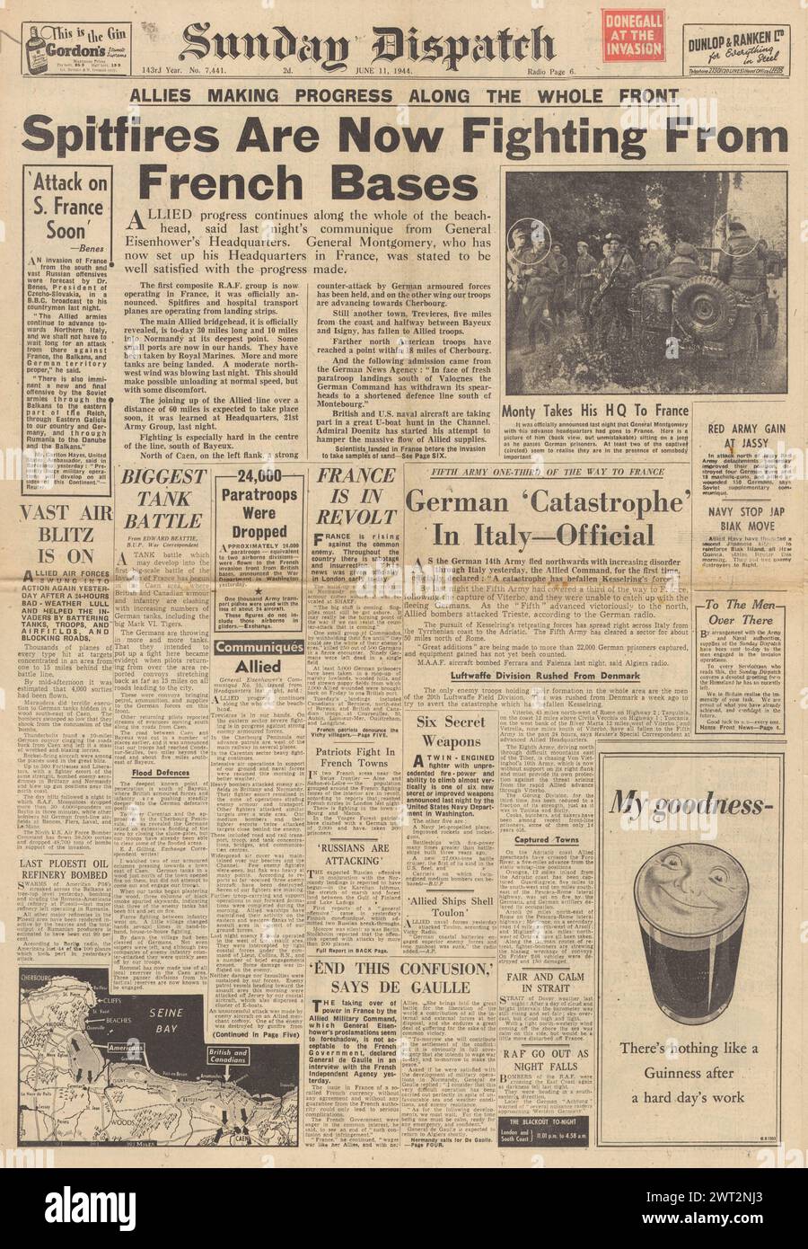 1944 Sunday Dispatch front page reporting Battle of Caen, Battle of ...