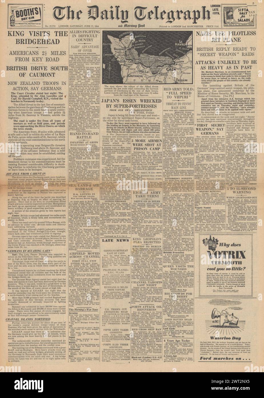 1944 The Daily Telegraph front page reporting Battle for Normandy, King VI visits