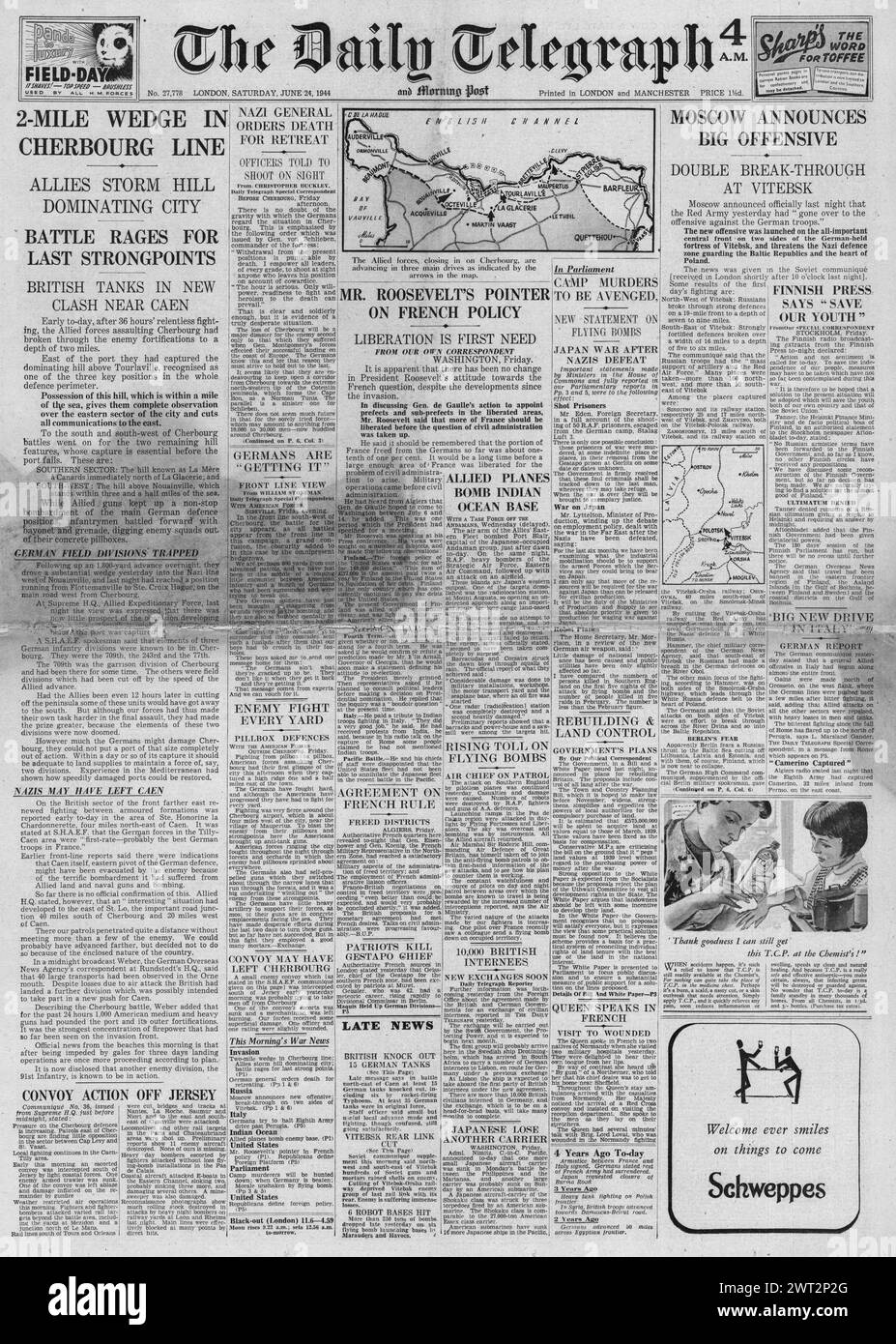 1944 The Daily Telegraph front page reporting Battle for Cherbourg, escapee RAF officers executed by Gestapo, Red Army advance on Vitebsk and tank battle near Caen Stock Photo