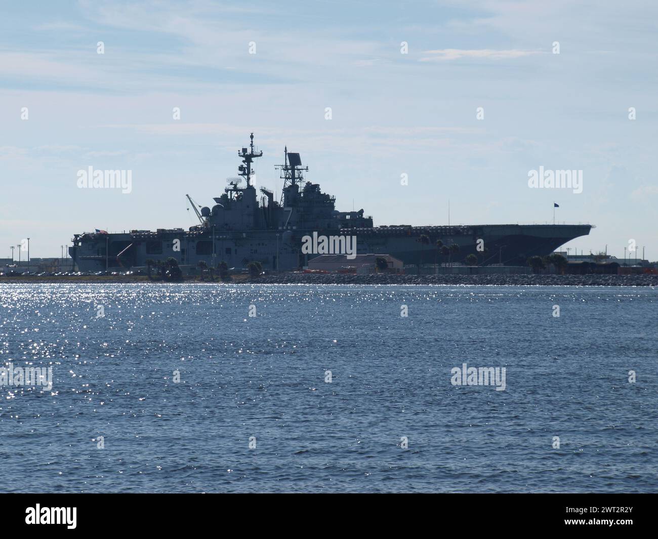 Mayport Naval Station, Florida, United States - October 26, 2021 - US Navy ship docked across the St. Johns River east of the city of Jacksonville. Stock Photo