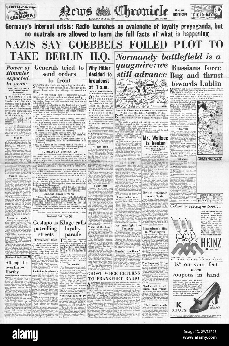 1944 News Chronicle front page reporting Assassination attempt on Hitler, Battle for Normandy and Red Army cross the River Bug and threaten Lublin Stock Photo