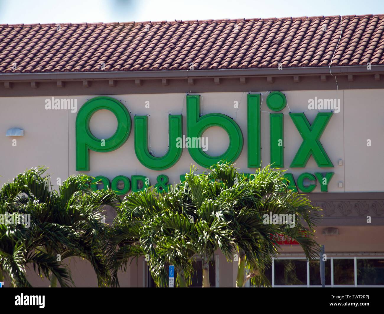 Miami, Florida, United States - November 21, 2023: Logo of a Publix supermarket grocery store in West Kendall. Close up. Stock Photo