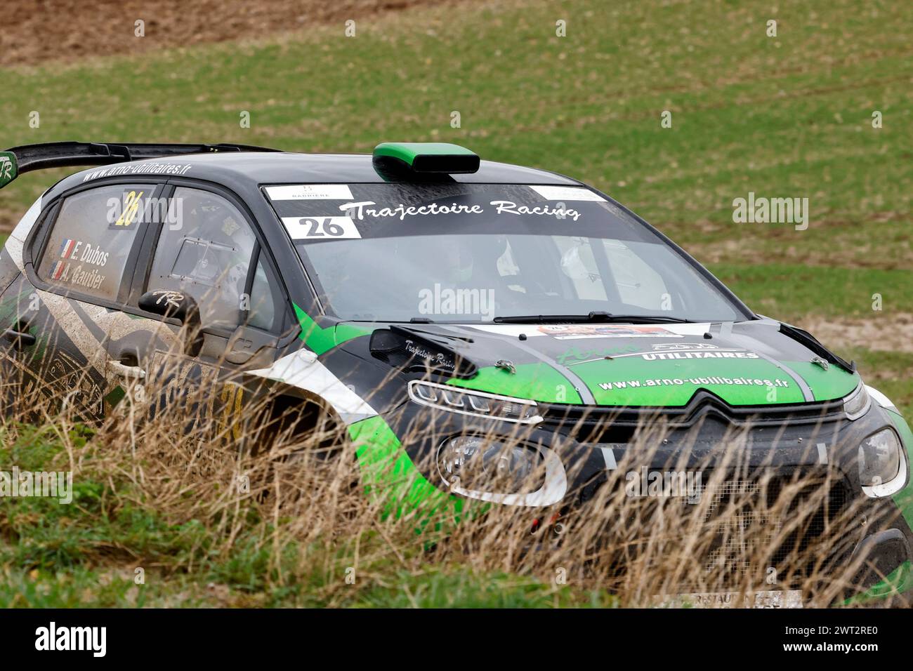 15 March 2024. St Denoeux, Pas de Calais, France. The 64th Rallye du Touquet roars along the Rue de Sempy between the towns of Sempy and St Denoeux in Stock Photo