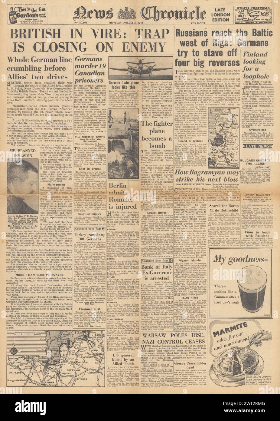 1944 News Chronicle front page reporting British Army in Vire, Red Army reach Baltic coast and Warsaw Uprising Stock Photo