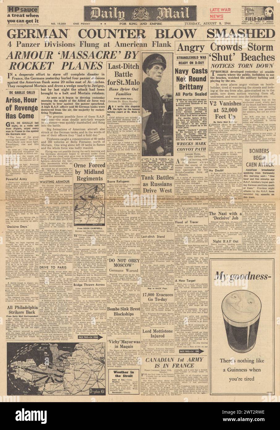 1944 Daily Mail front page reporting Allies drive east from Normandy, Allies cut off Brittany peninsula and German counter attack smashed Stock Photo