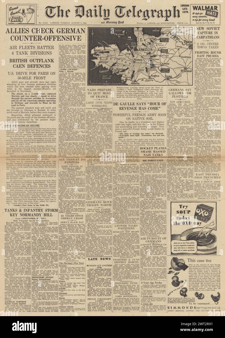 1944 The Daily Telegraph front page reporting German counter attack in Normandy and 20th July bomb plot conspirators executed Stock Photo