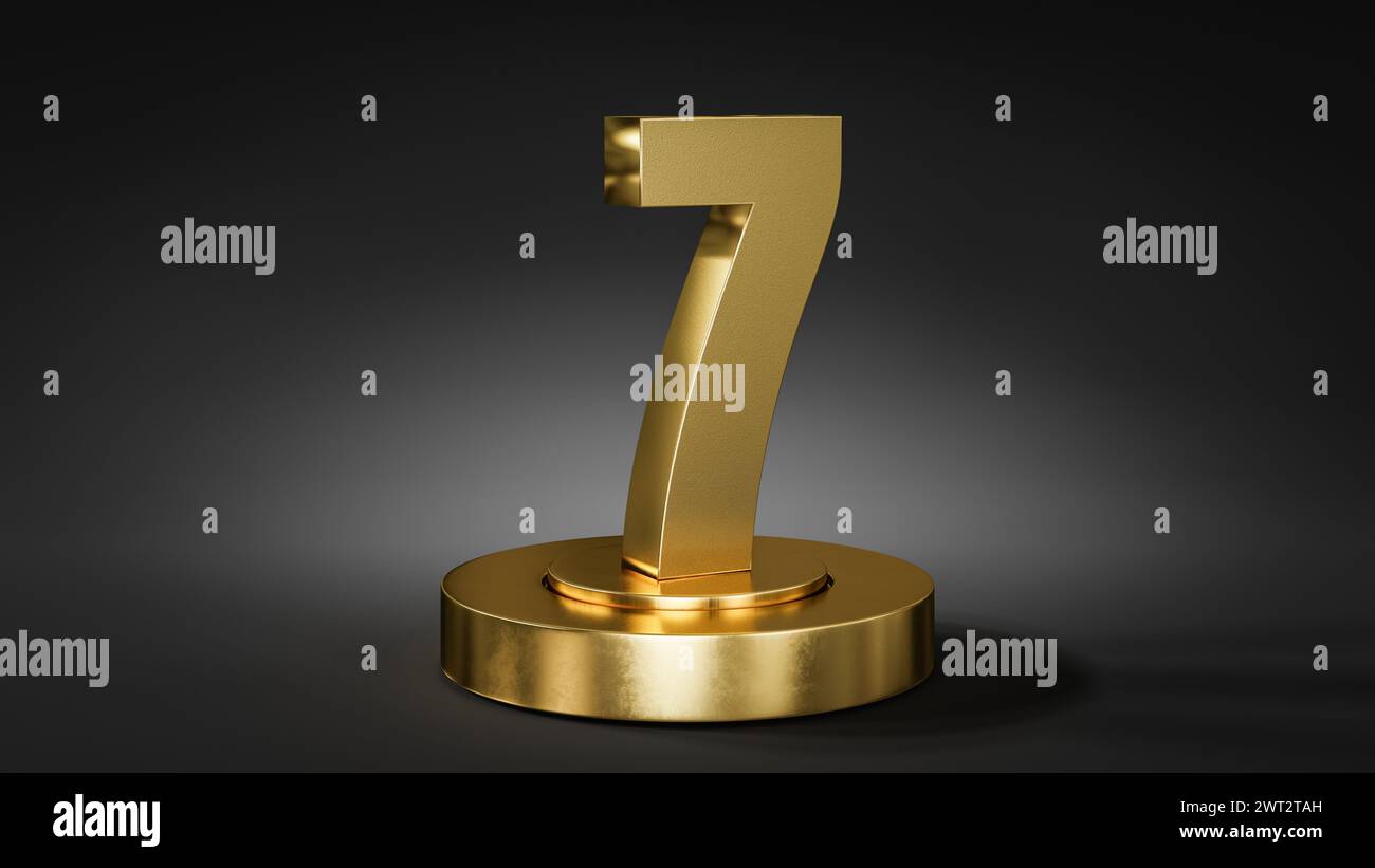 The number 7 on a pedestal / podium in golden color in front of dark background with spot light. Stock Photo