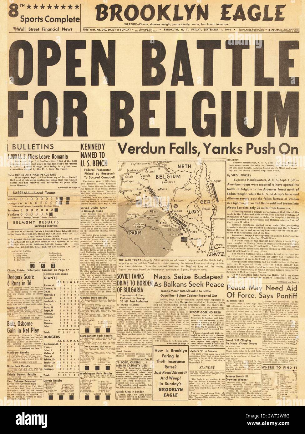 1944 Brooklyn Eagle front page reporting Battle for Belgium and Allies capture Verdun Stock Photo