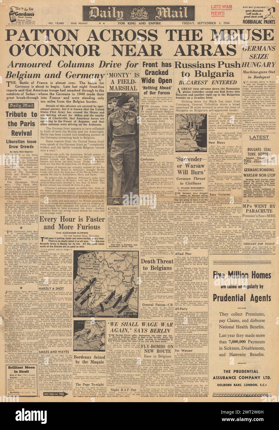 1944 Daily Mail front page reporting Patton crosses Meuse, Allied drive on Arras and Red Army advance in Bulgaria Stock Photo