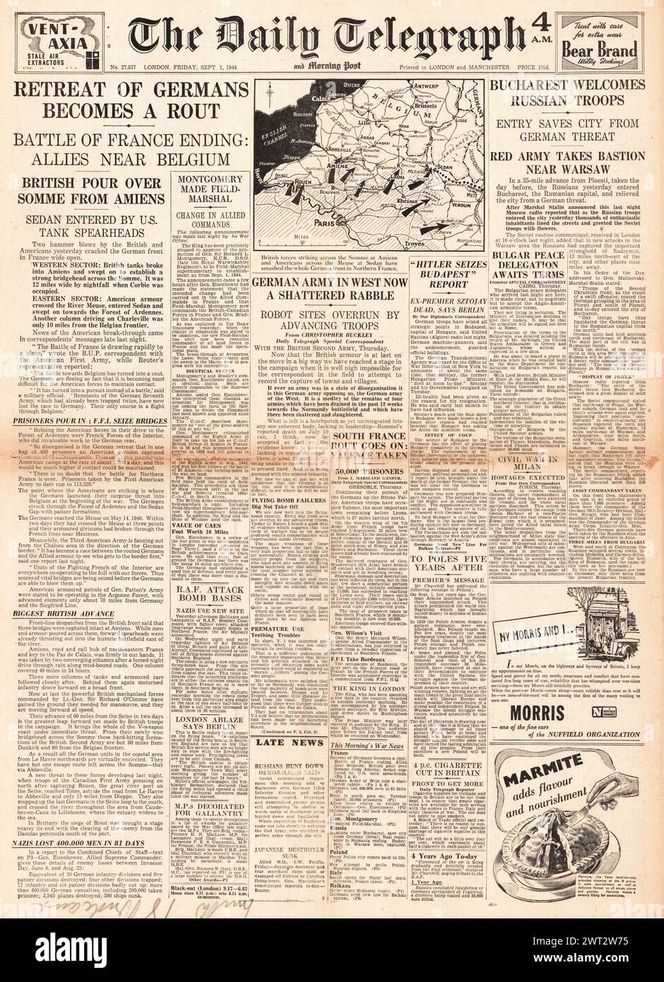 1944 The Daily Telegraph front page reporting Red Army enter Bucharest, Allies cross Meuse and Somme and Montgomery promoted to Field Marshal Stock Photo