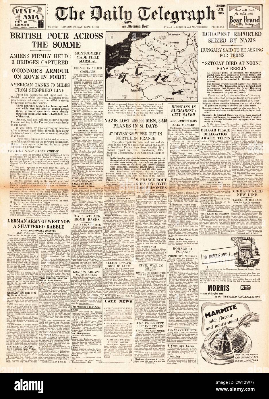 1944 The Daily Telegraph front page reporting Red Army enter Bucharest, Allies cross Meuse and Somme, Montgomery promoted to Field Marshal and Hungary unrest Stock Photo