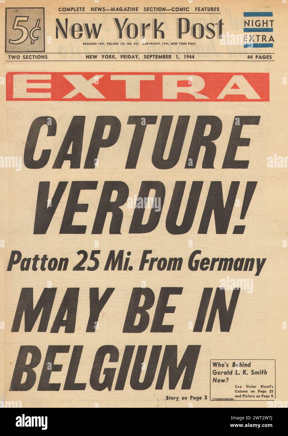 1944 New York Post front page reporting Allies capture Verdun Stock ...