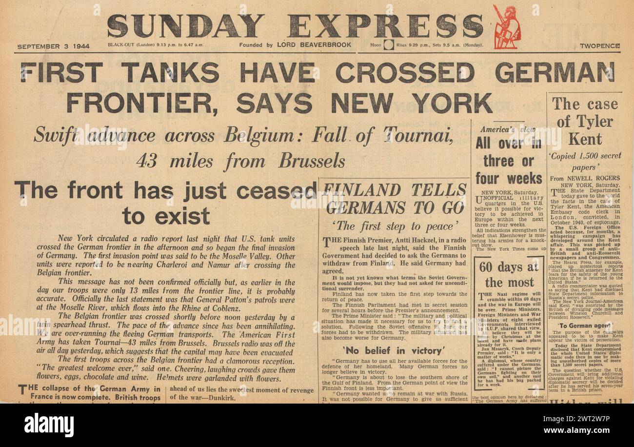 1944 Sunday Express front page reporting Allies capture Tournai and Allies cross German and Belgian borders Stock Photo