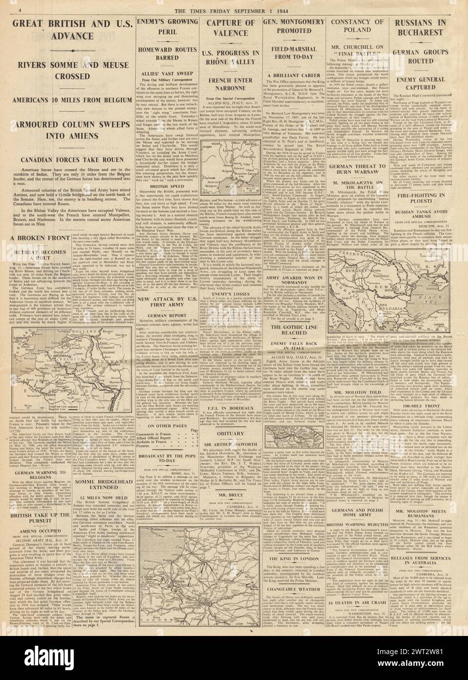 1944 The Times reporting Red Army enter Bucharest, Allies cross Meuse and Somme, Montgomery promoted to Field Marshal, Allies capture Valence and Warsaw Uprising Stock Photo