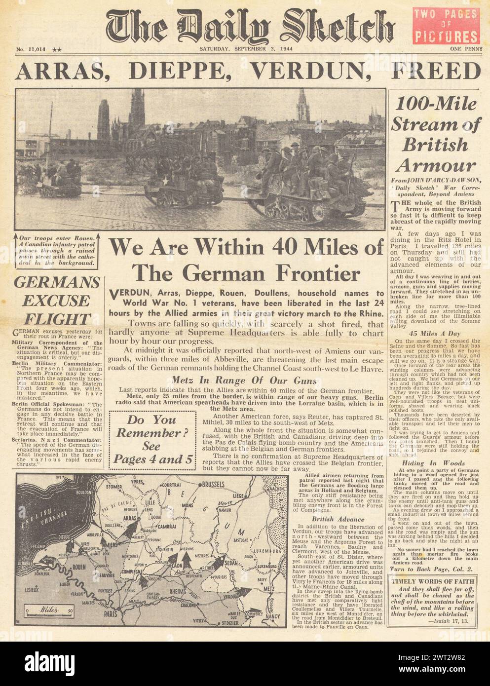 1944 The Daily Sketch front page reporting Allies advance towards Germany and Allies capture Arras and Dieppe and Verdun Stock Photo