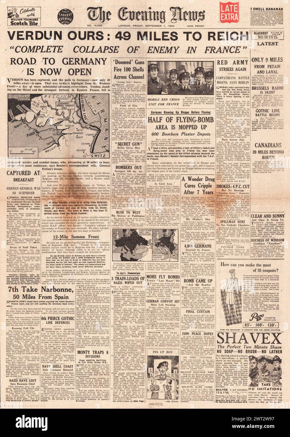 1944 The Evening News front page reporting Allies capture Verdun Stock Photo