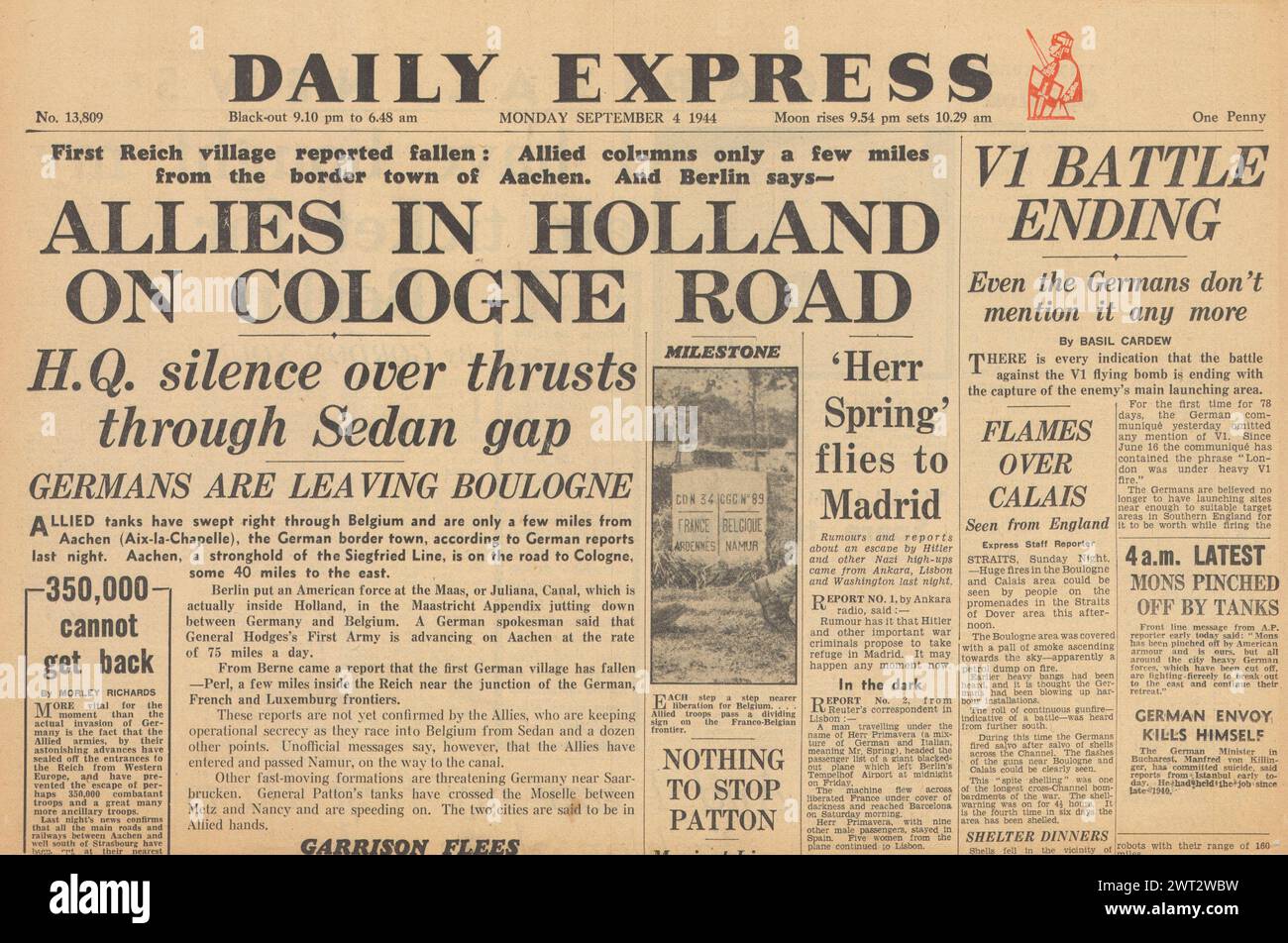 1944 Daily Express front page reporting Allies advance to Holland, Allies capture Sedan and V1 rockets attacks ended Stock Photo