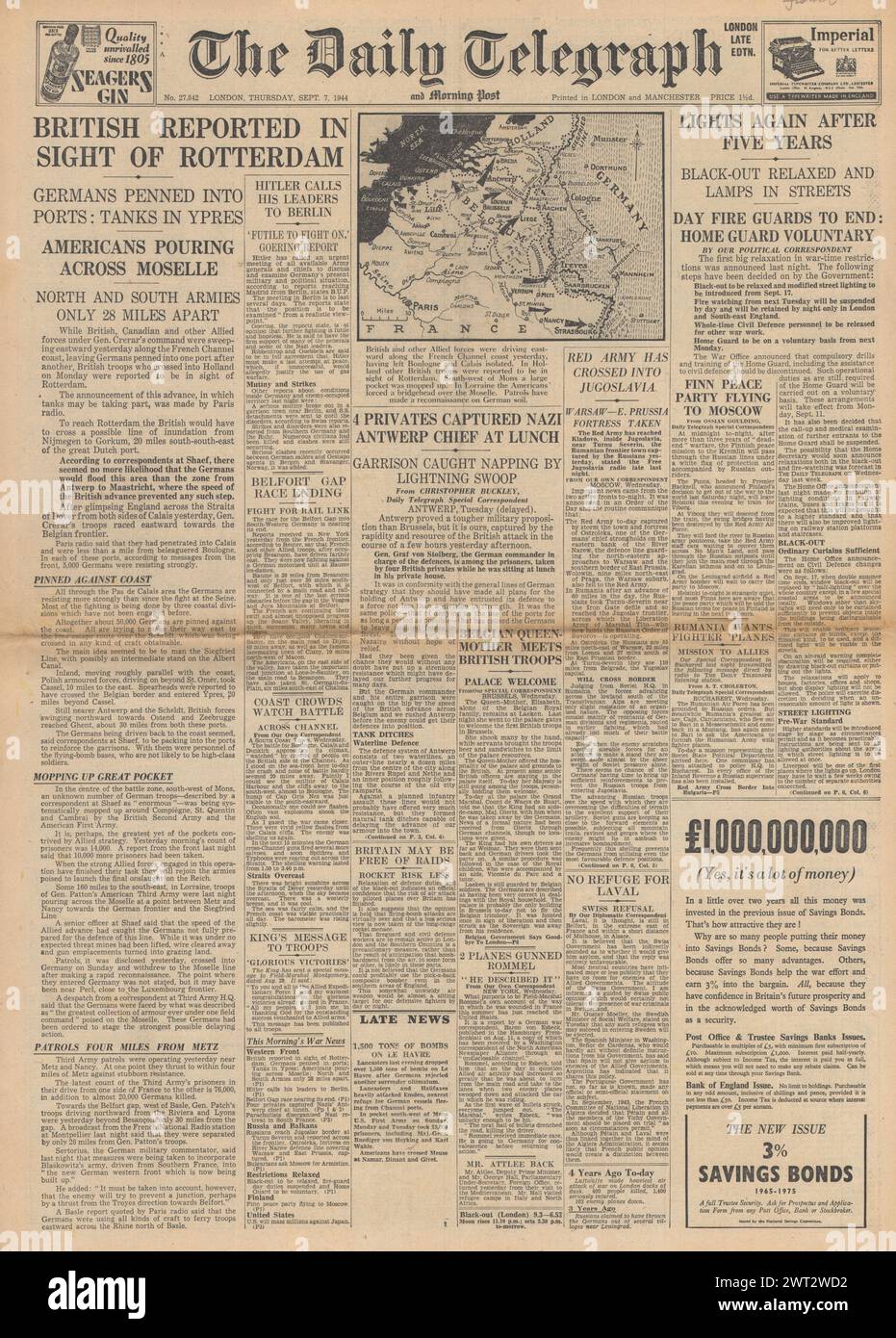 1944 The Daily Telegraph front page reporting British forces near Rotterdam, easing of blackout restrictions, Home Guard training and drills to end and German prisoners of war held in Antwerp Zoo Stock Photo