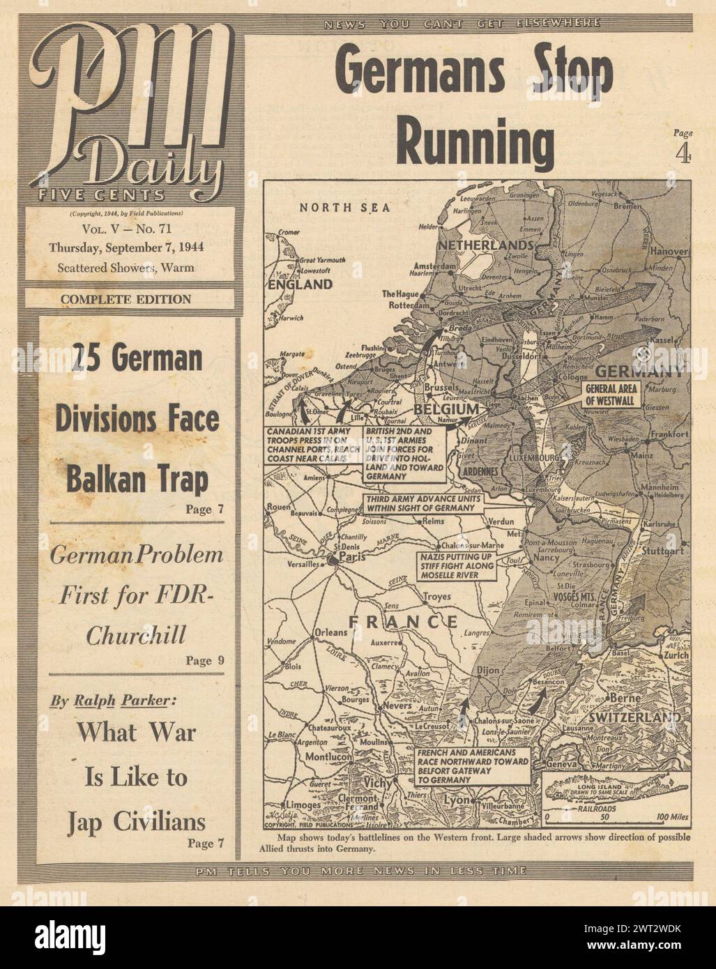 1944 PM Daily front page reporting Germany Army stop retreat in West Stock Photo