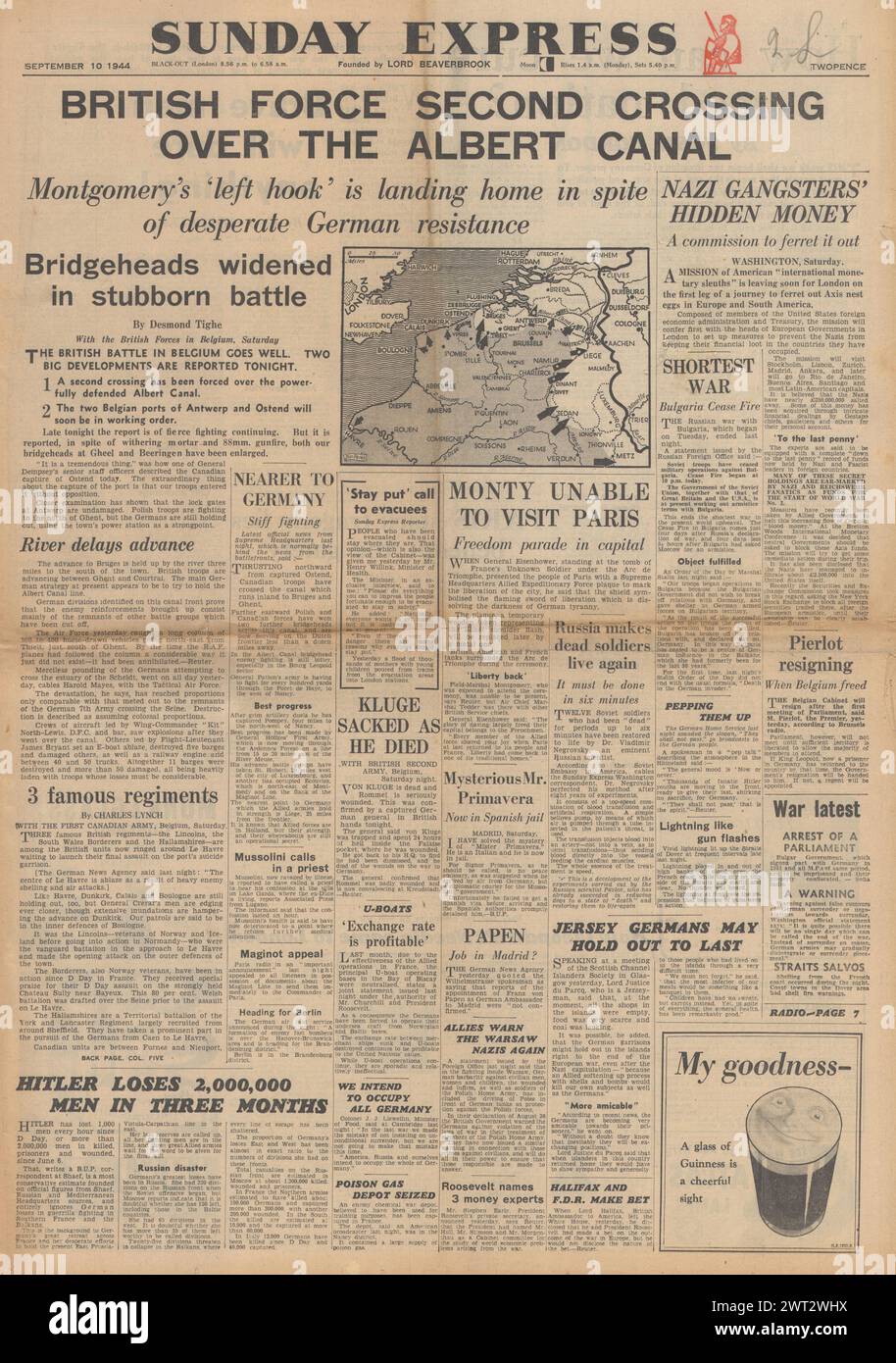 1944 Sunday Express front page reporting British forces cross Albert Canal Stock Photo