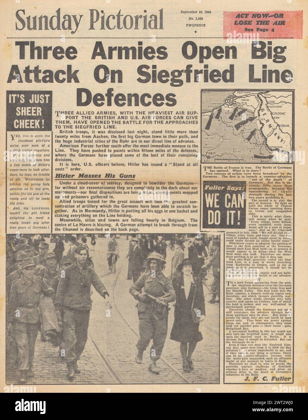 1944 Sunday Pictorial front page reporting Allied armies attack Siegfried Line Stock Photo