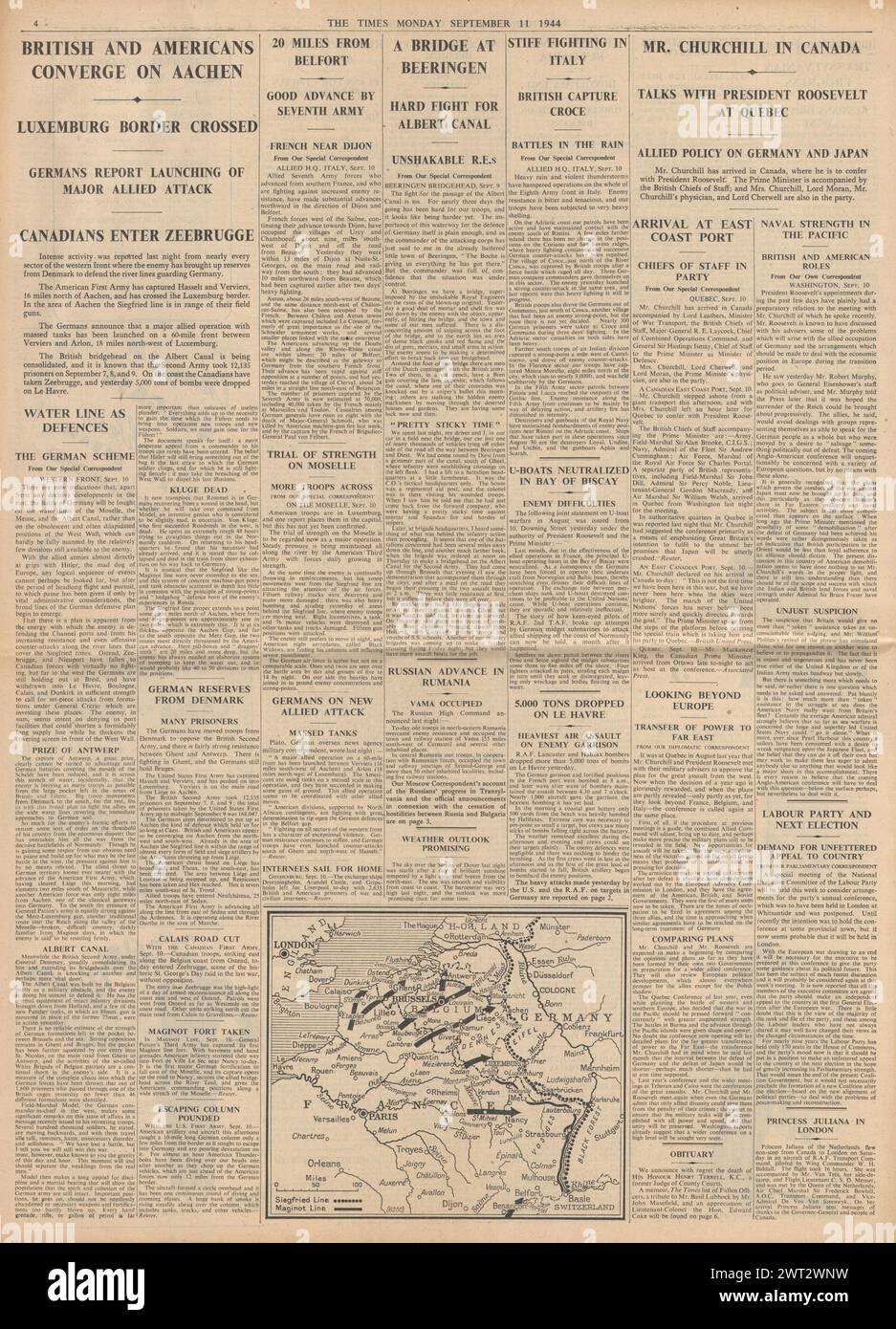 1944 The Times reporting US Artillery shell Germany, British and US Forces drive on Aachen, Winston Churchill in Quebec, Capture of Croce and Battle for Beringen Stock Photo