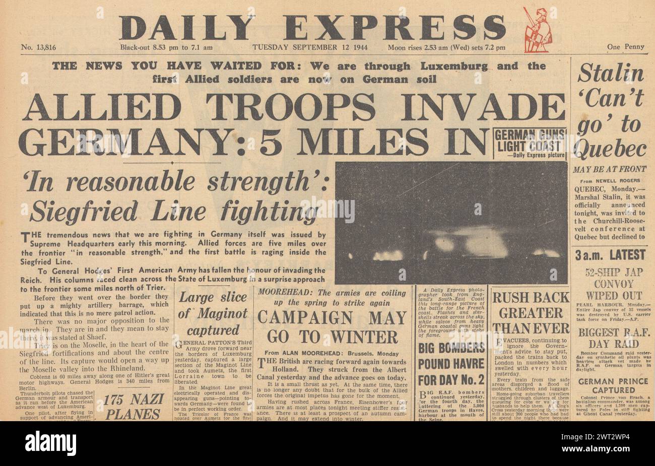 1944 Daily Express front page reporting Allied troops invade Germany Stock Photo