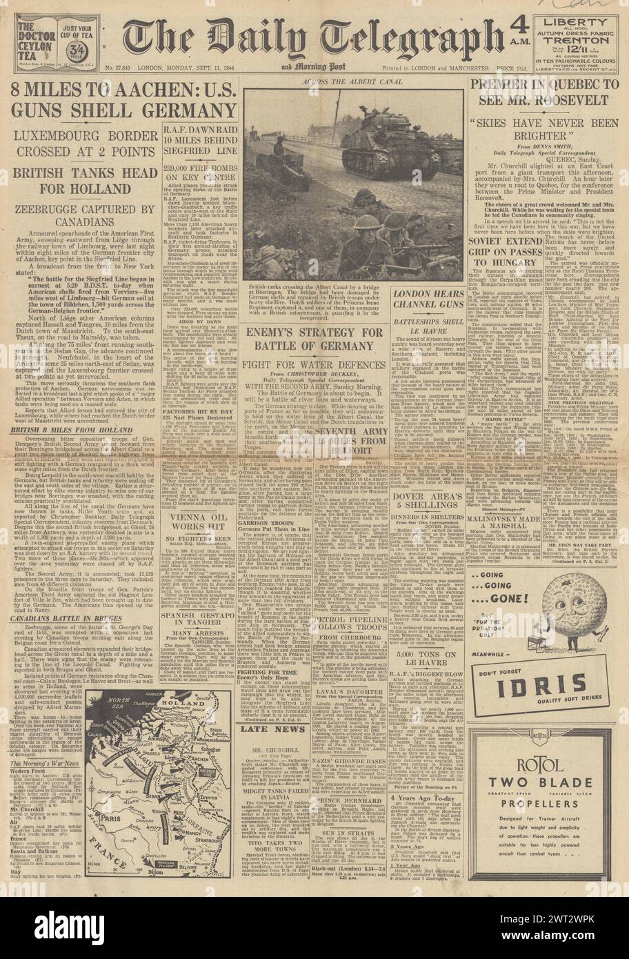 1944 The Daily Telegraph front page reporting US Artillery shell Germany, British tanks drive on Holland and Winston Churchill in Quebec Stock Photo