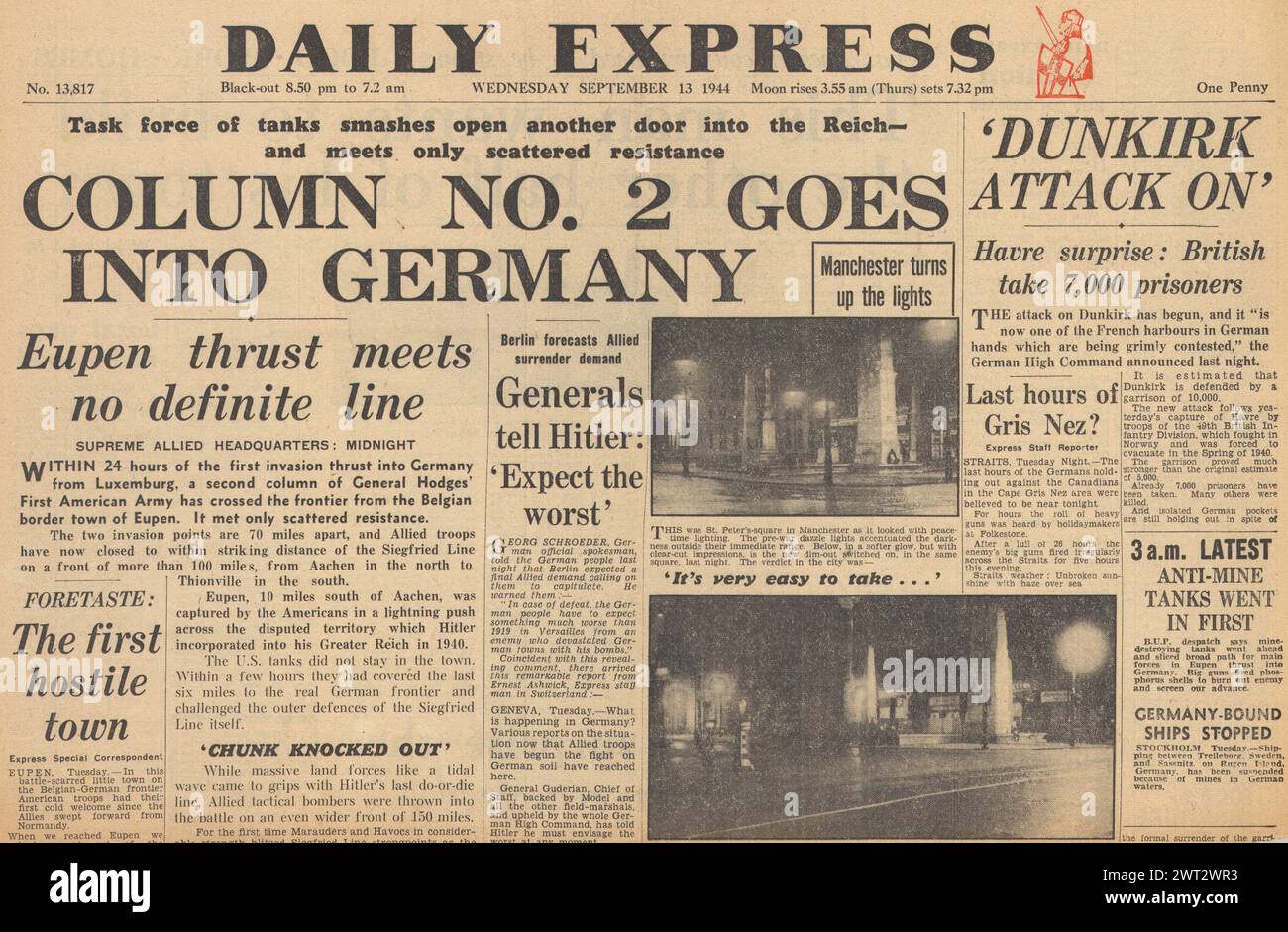 1944 Daily Express front page reporting Allied troops invade Germany and battle of Le Havre Stock Photo
