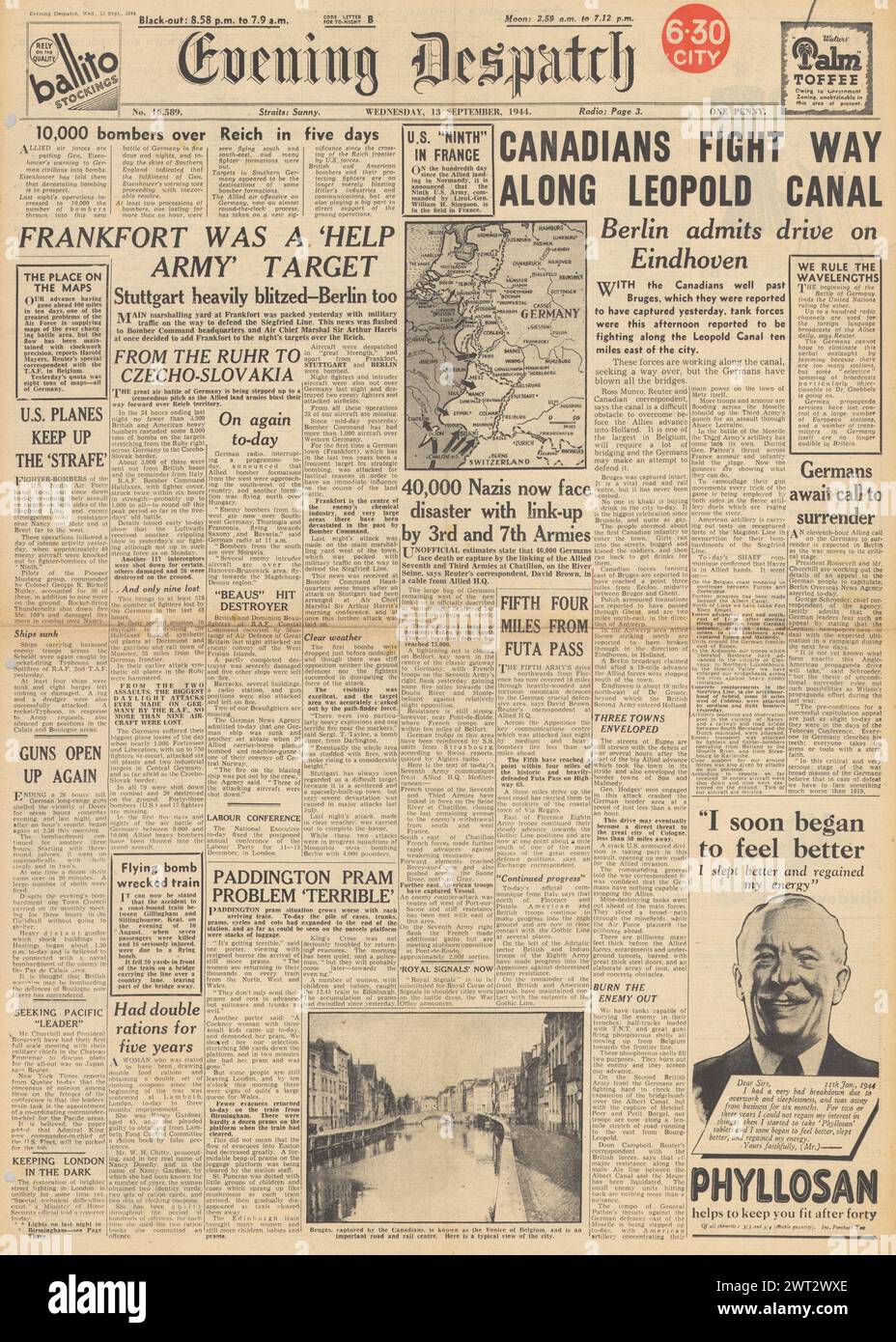 1944 Evening Despatch front page reporting RAF bomb Frankfurt and Berlin and Canadian forces on Leopold Canal Stock Photo