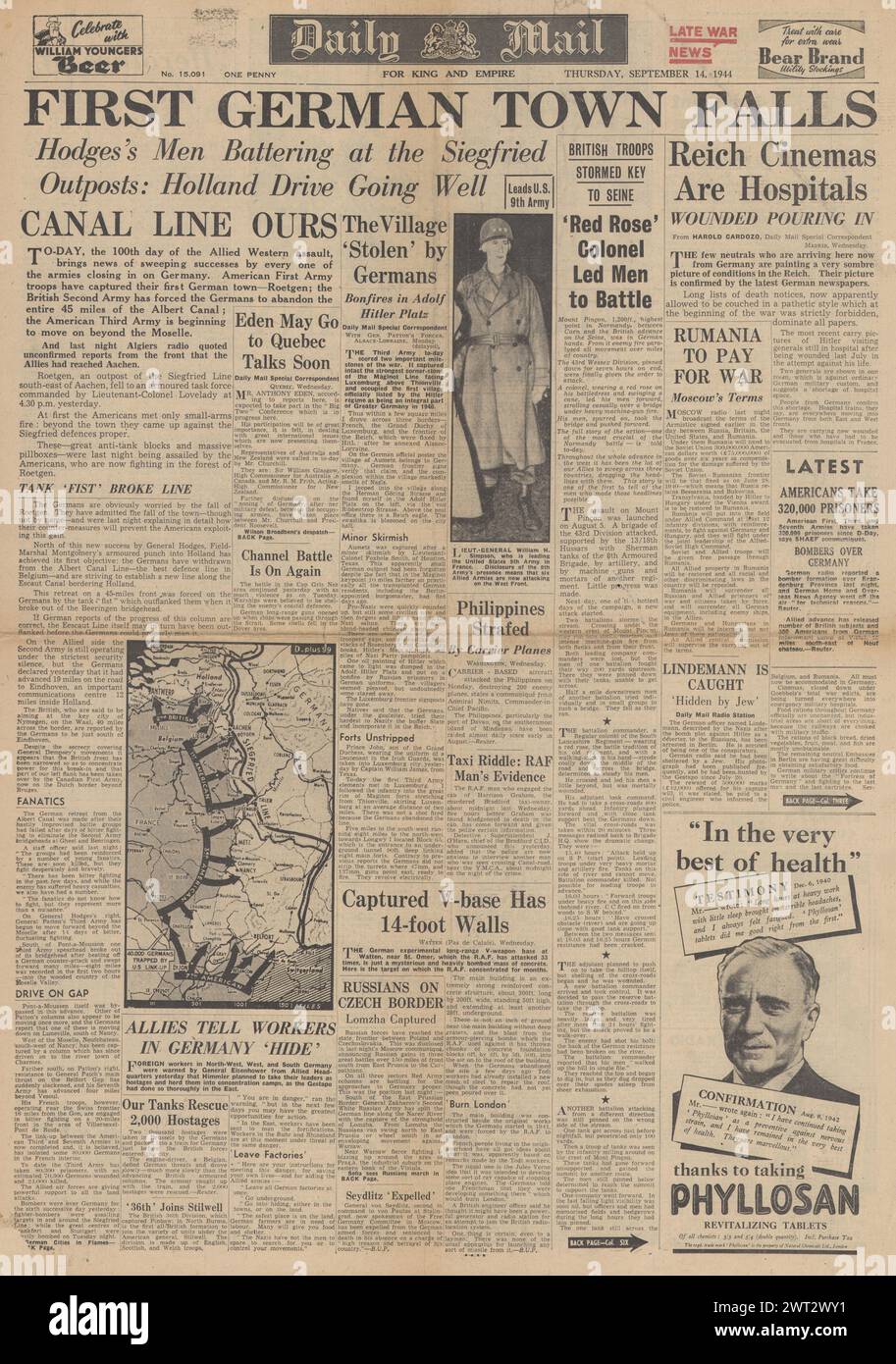 1944 Daily Mail front page reporting Allies capture Roetgen Stock Photo