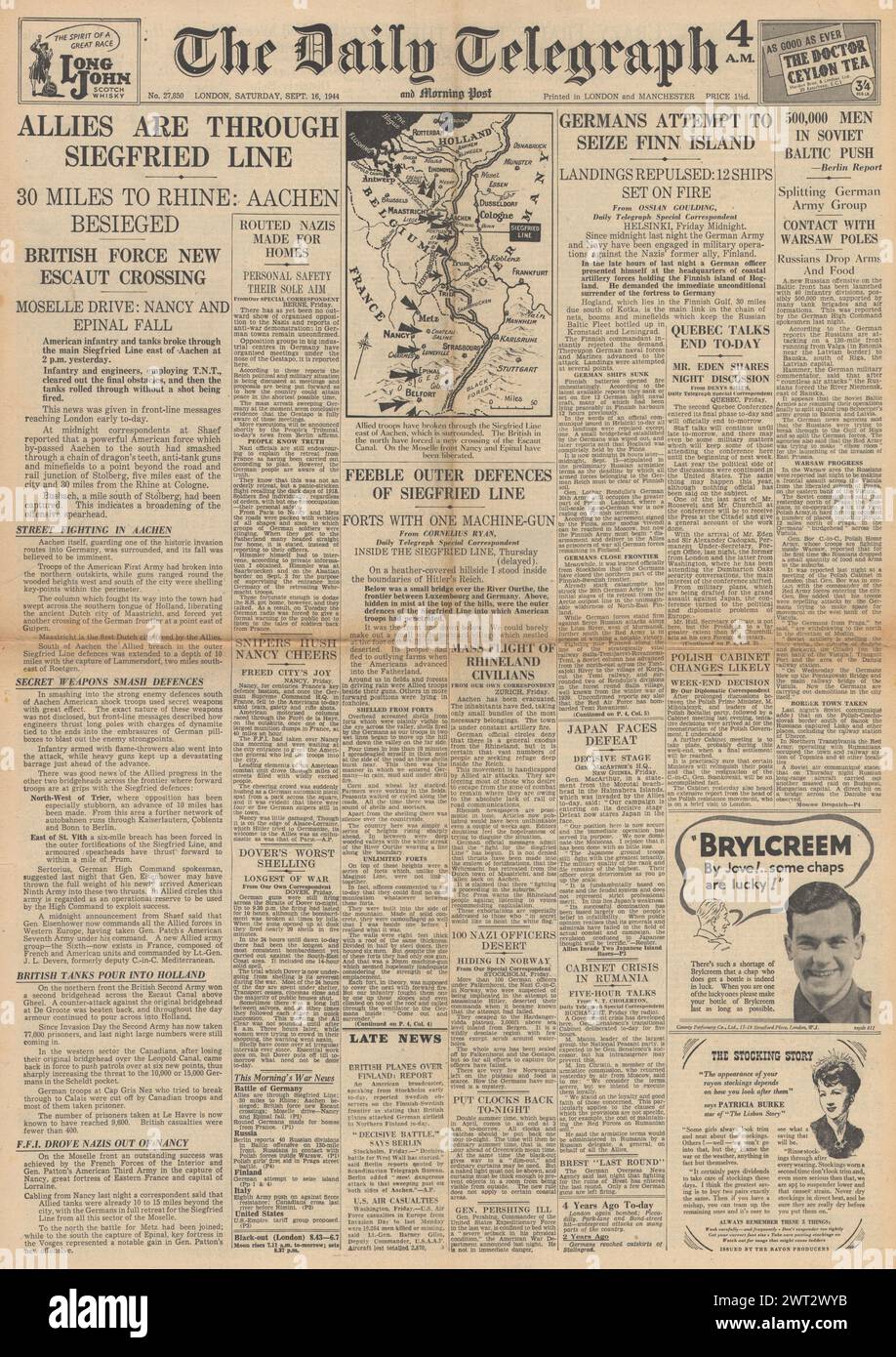 1944 The Daily Telegraph front page reporting Allies battle for Aachen, breach of Siegfried Line, Dover shelled and Red Army advance through Baltic states Stock Photo