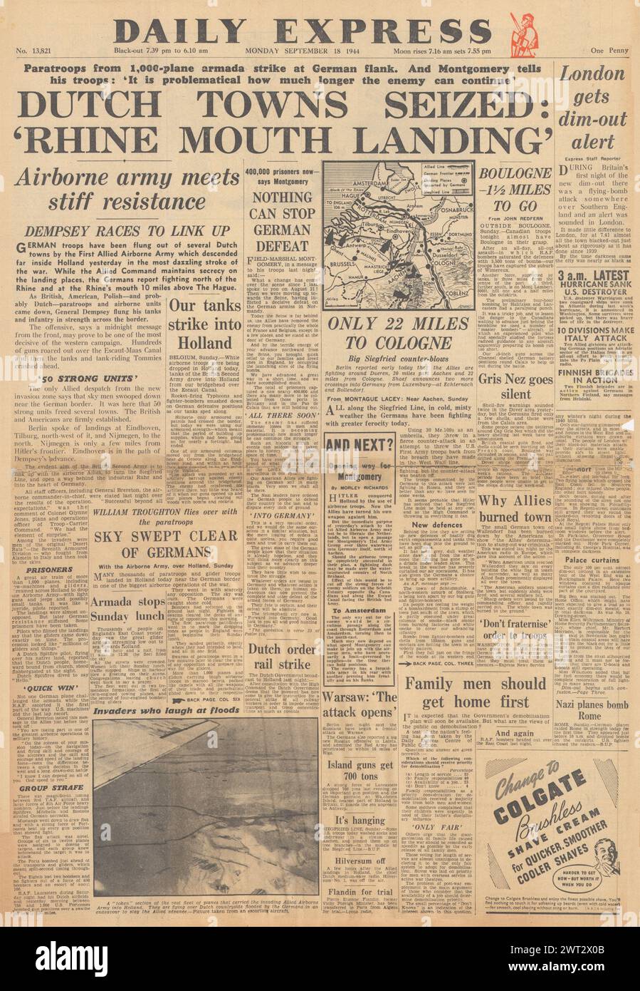 1944 Daily Express front page reporting Battle of Arnhem and Allies advance on Cologne Stock Photo