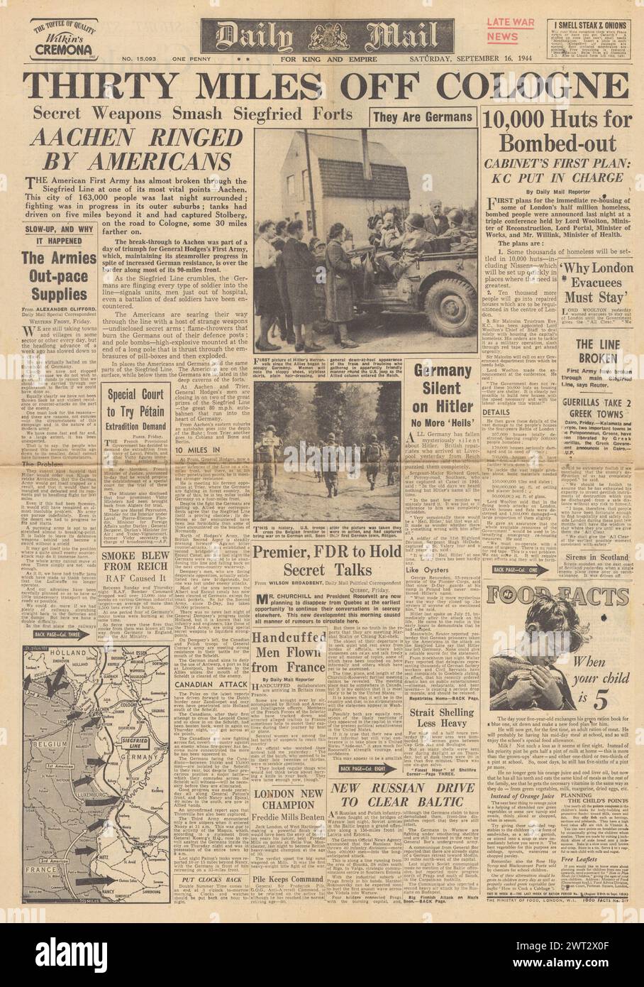 1944 Daily Mail front page reporting Allies battle for Aachen, Allies thirty miles from Cologne and rehousing bombed out Londoners Stock Photo