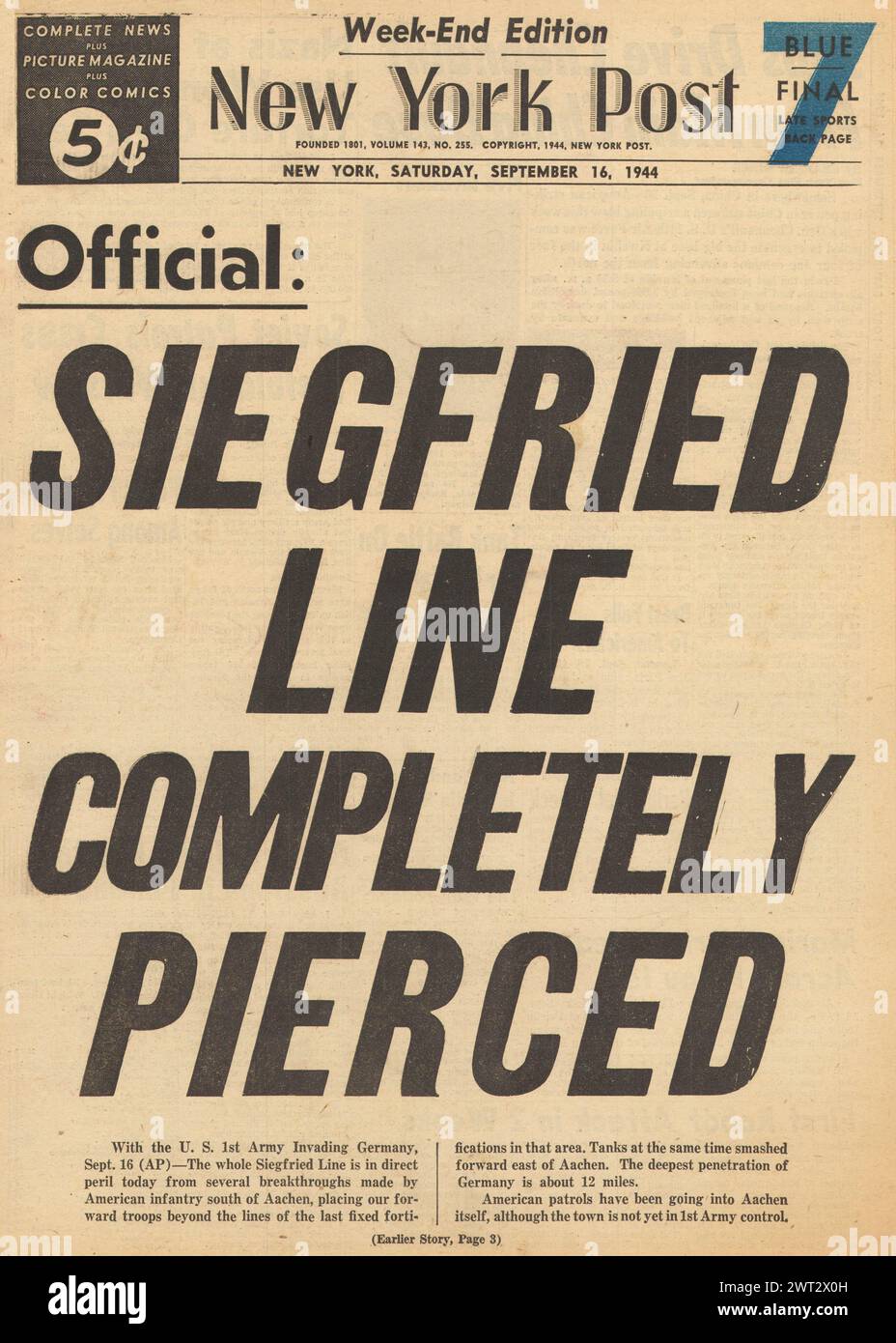 1944 New York Post front page reporting Allies breach Siegfried Line Stock Photo