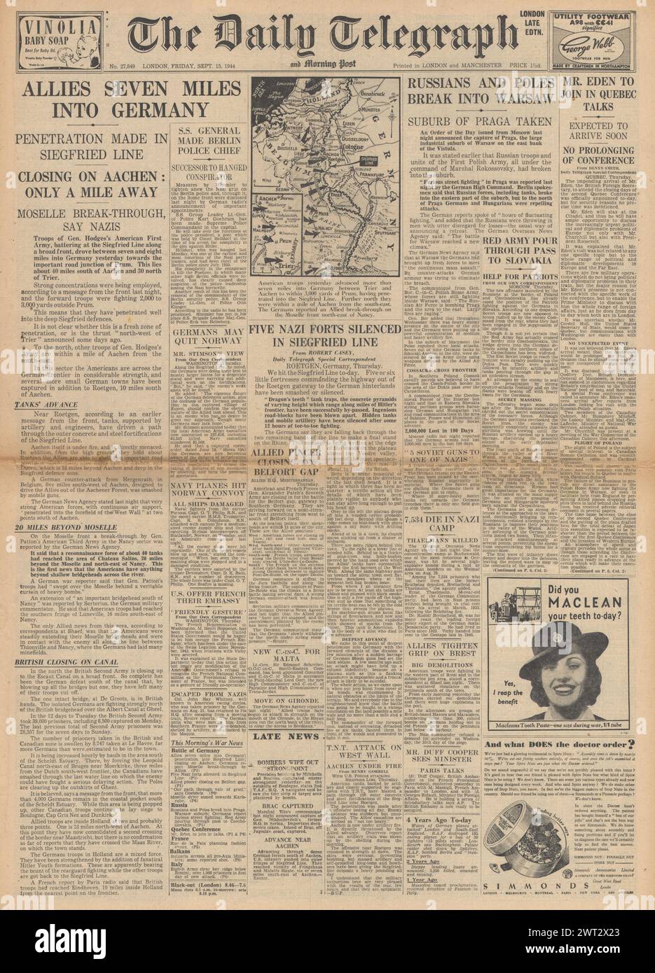 1944 The Daily Telegraph front page reporting Allies advance into Germany, breach of Siegfried Line and Battle for Warsaw Stock Photo