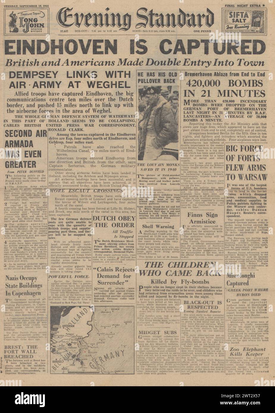 1944 Evening Standard front page reporting Battle of Arnhem, capture of Eindhoven and bombing of Bremerhaven Stock Photo