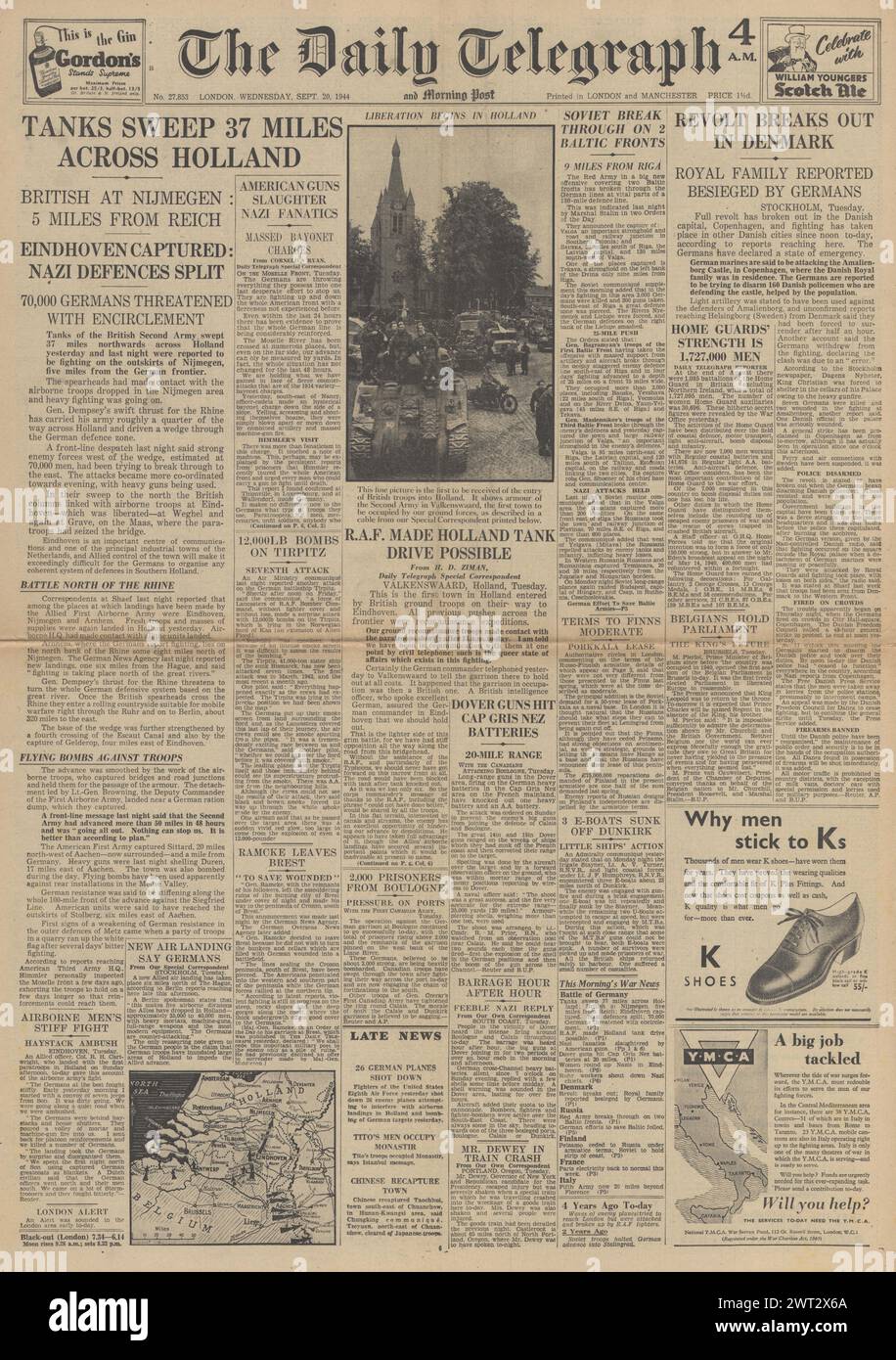 1944 The Daily Telegraph front page reporting Battle of Arnhem, British forces in Holland reach the Rhine, revolt in Denmark and Lancasters bomb Tirpitz Stock Photo