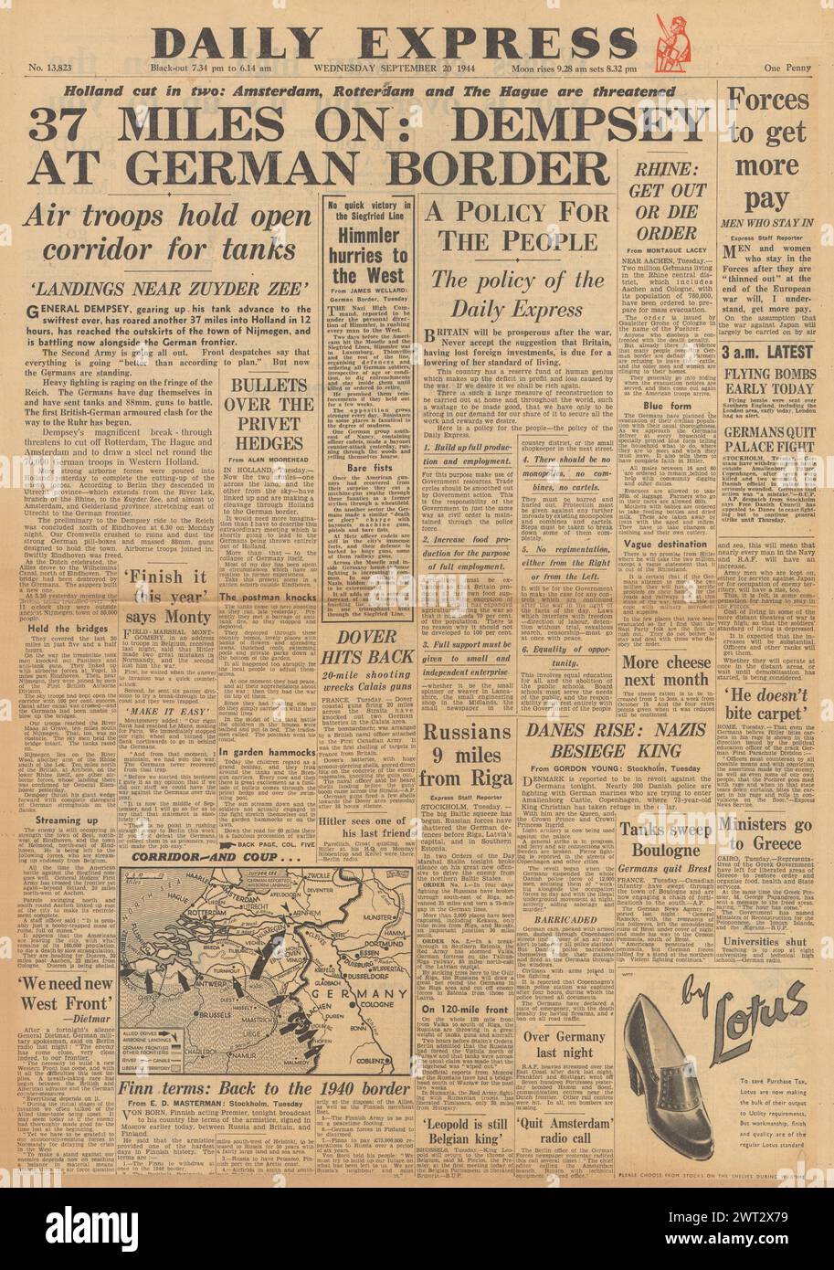 1944 Daily Express front page reporting British forces in Holland, Battle of Arnhem and revolt in Denmark Stock Photo