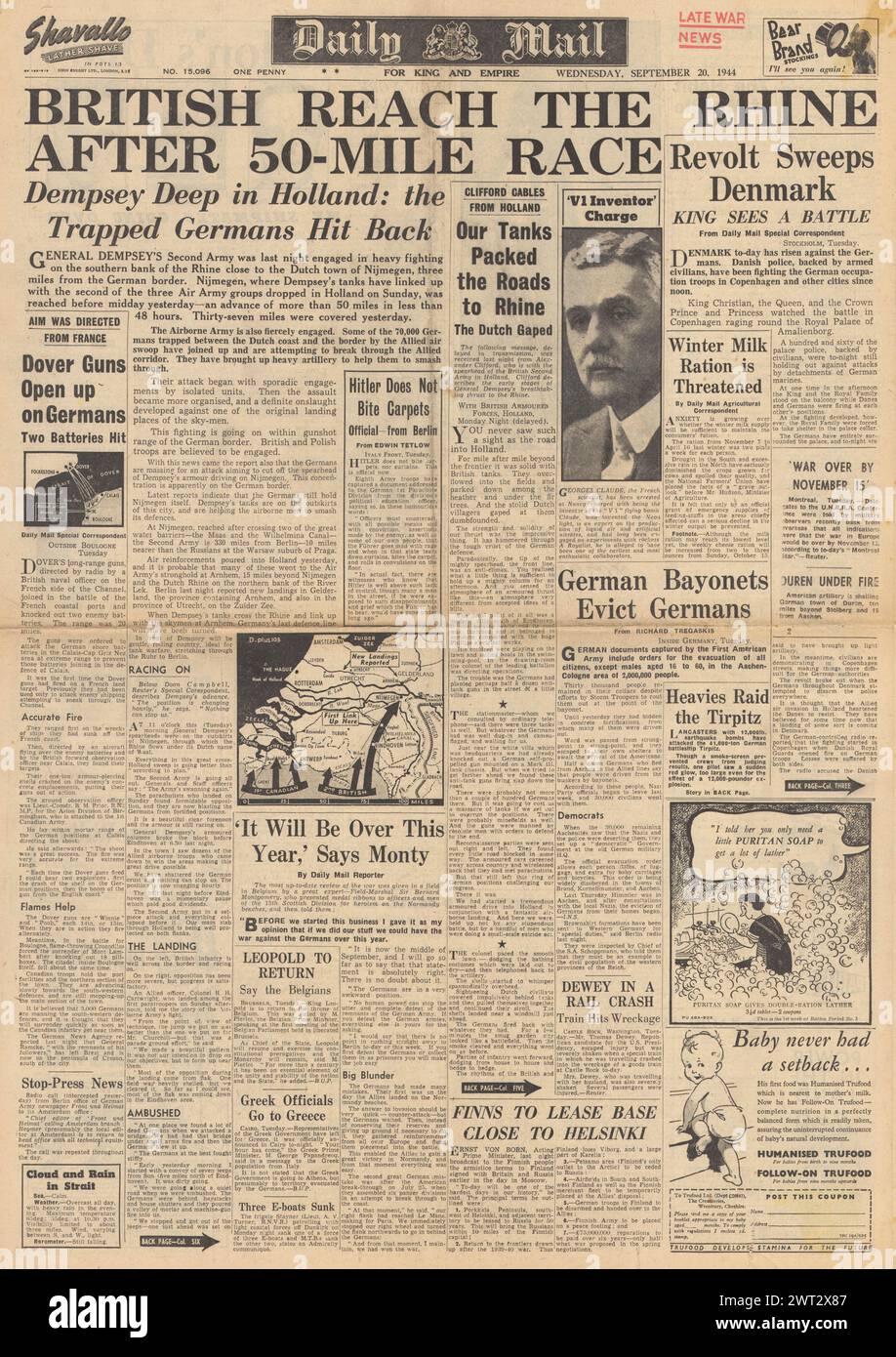 1944 Daily Mail front page reporting Battle of Arnhem, British forces in Holland reach the Rhine, revolt in Denmark and Lancasters bomb Tirpitz Stock Photo