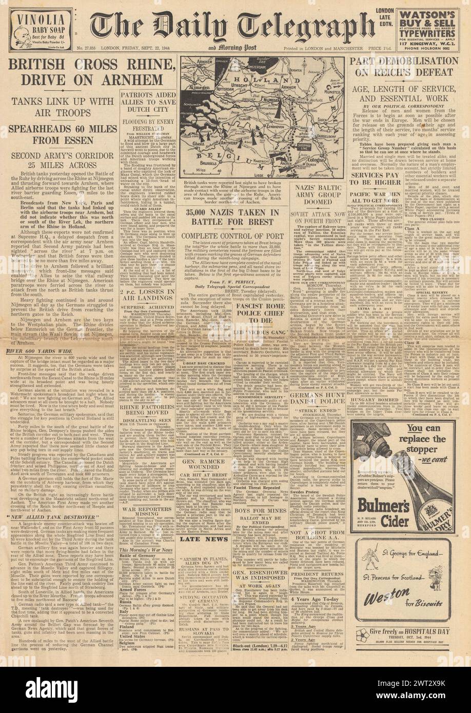 1944 The Daily Telegraph front page reporting Demobilisation plans announced, British Army reach Rhine at Nijmegen and battle for Brest Stock Photo