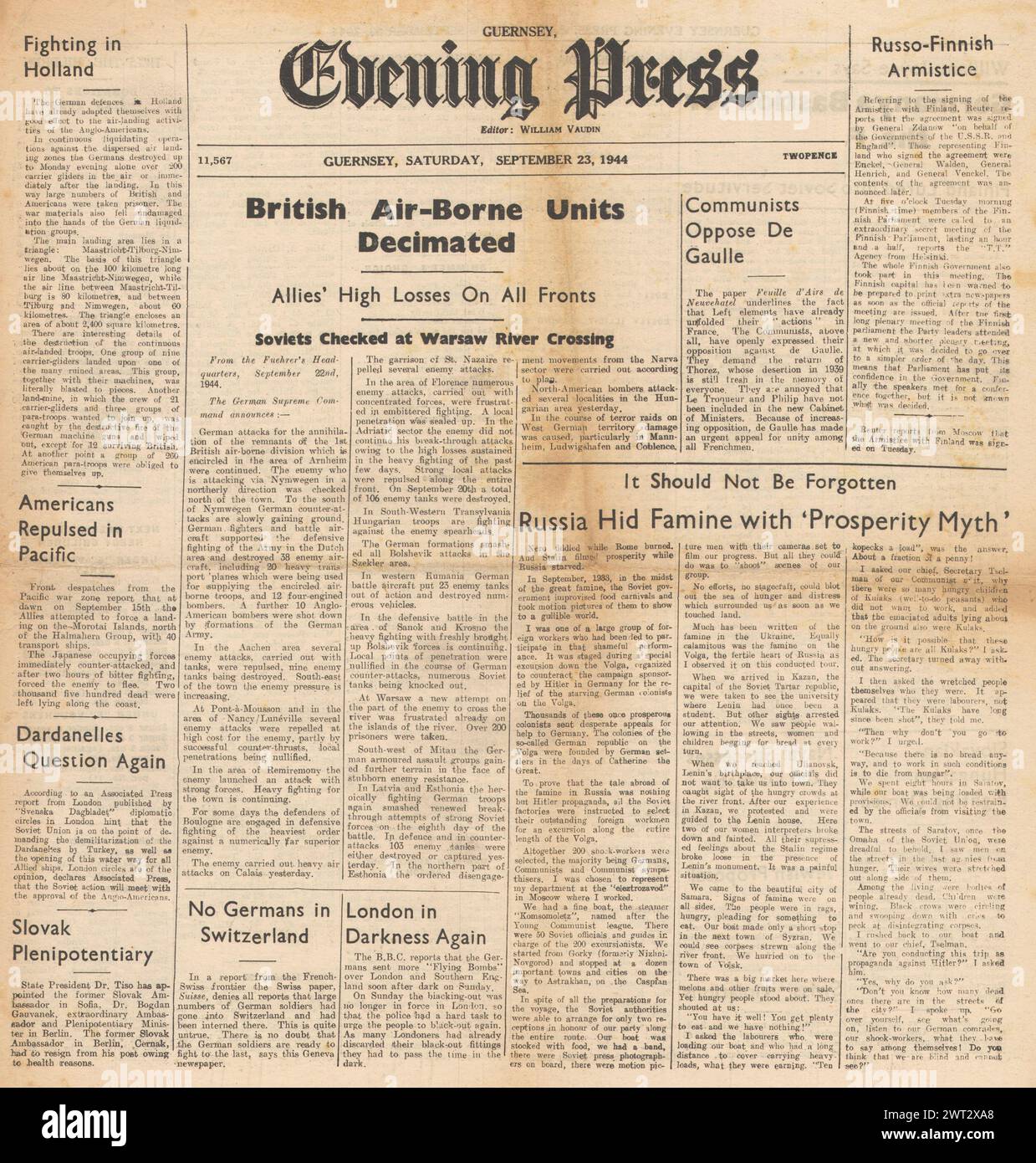 1944 Guernsey Evening Press front page reporting Battle of Arnhem Stock Photo