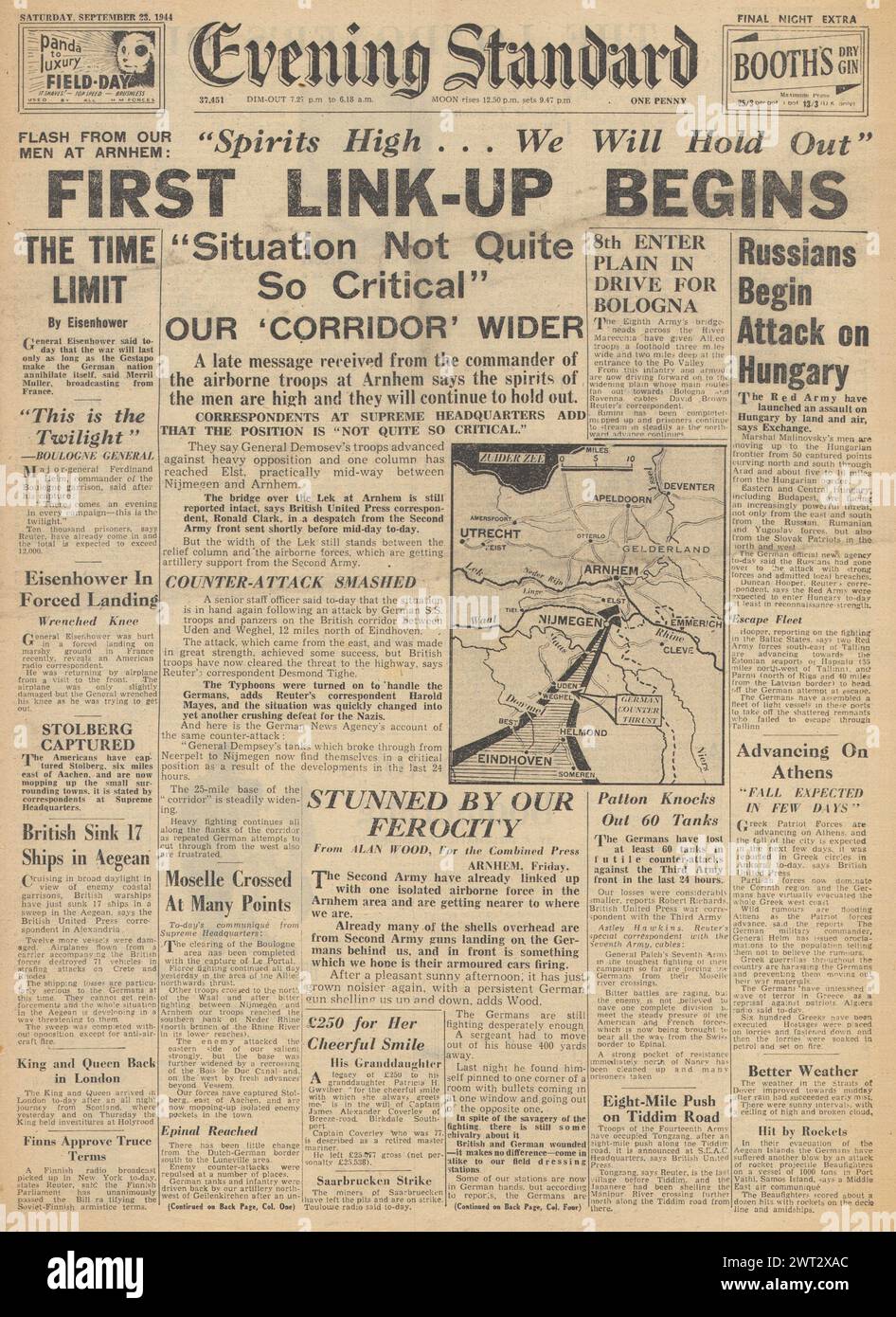 1944 Evening Standard front page reporting Battle for Arnhem, Red Army attack Hungary and Eighth Army drive on Bologna Stock Photo